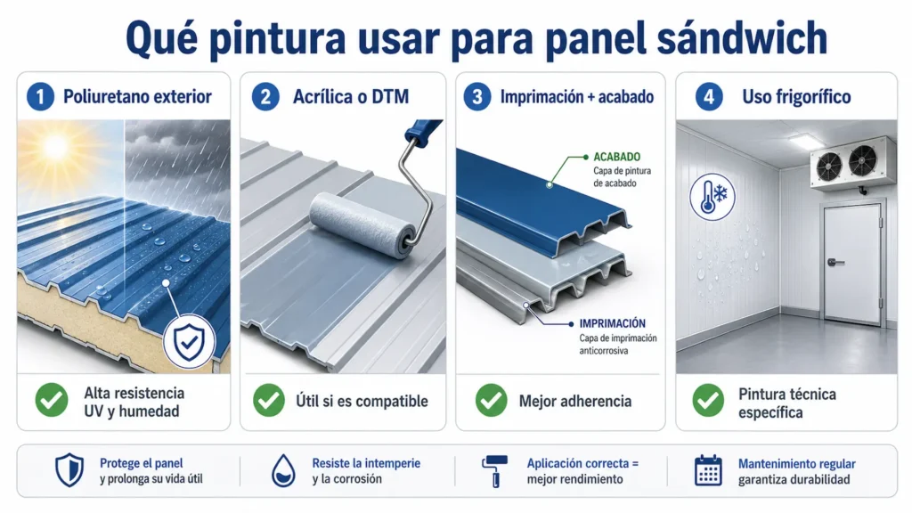 Infografía sobre qué pintura usar para panel sándwich en cubierta, fachada y uso frigorífico
