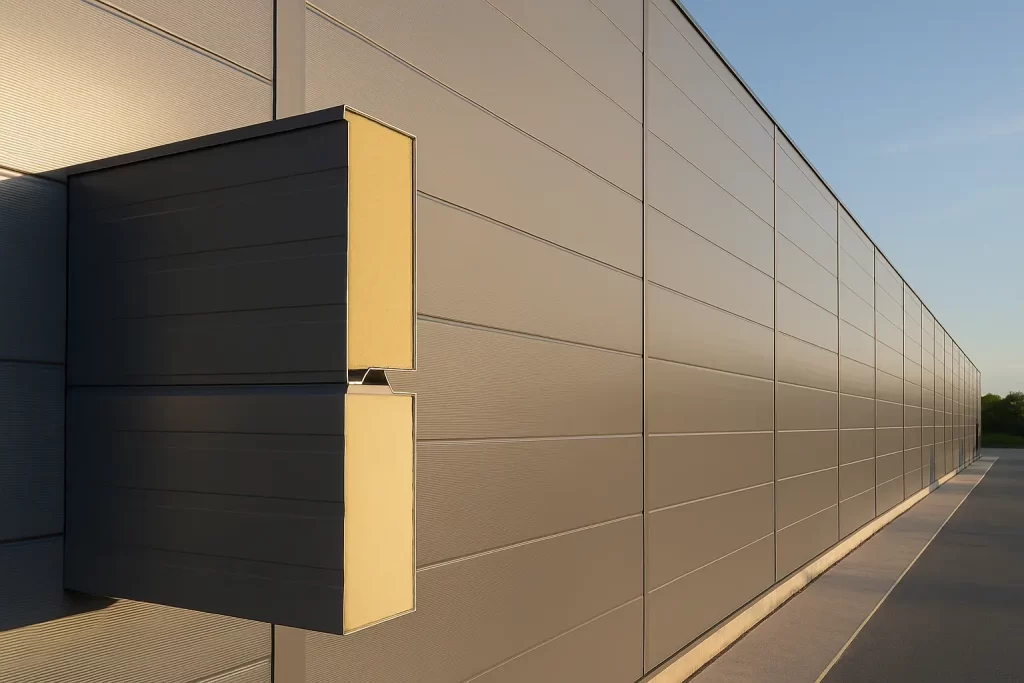 Fachada industrial con paneles sándwich metálicos
