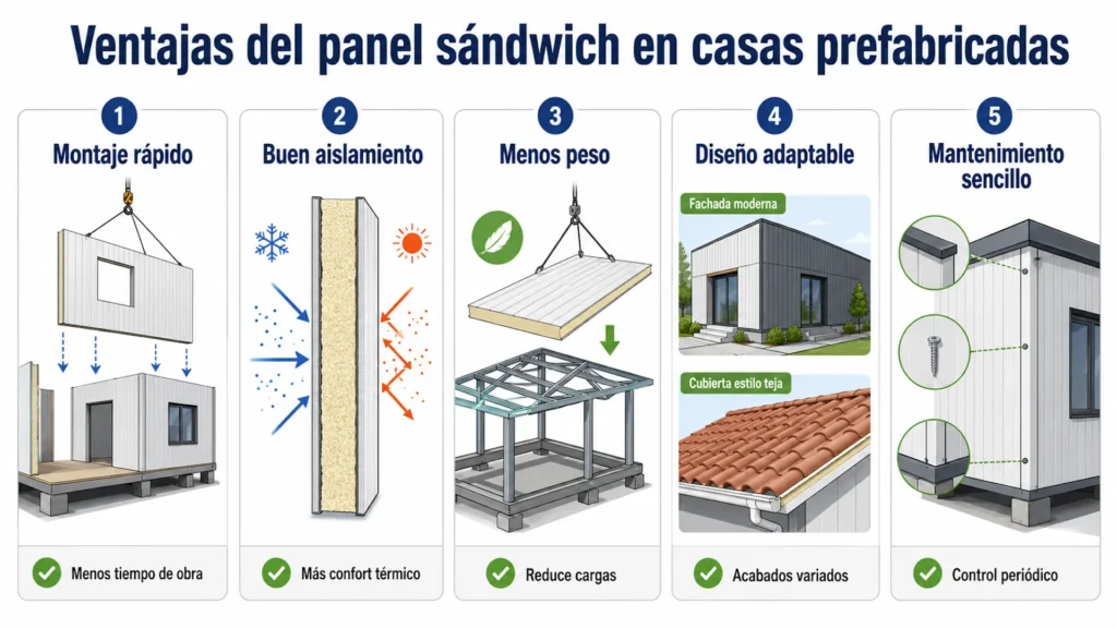Infografía sobre las ventajas del panel sándwich en casas prefabricadas