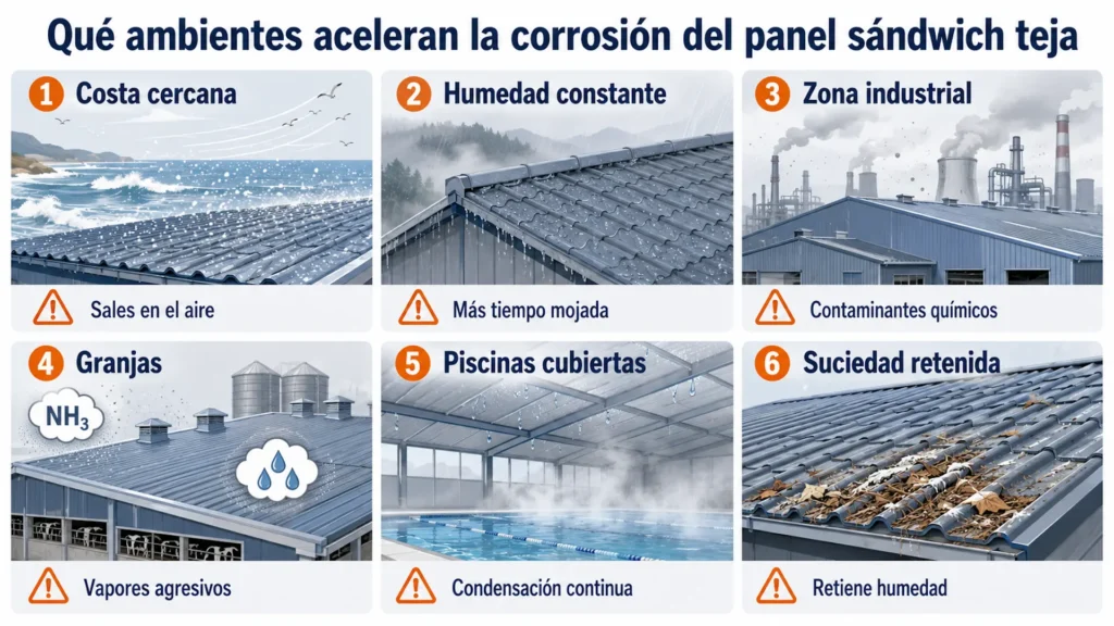 Ambientes que aceleran la corrosión del panel sándwich teja.