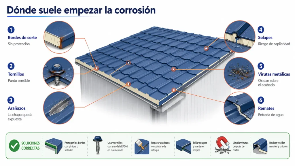 Puntos donde suele empezar la corrosión en un panel sándwich teja