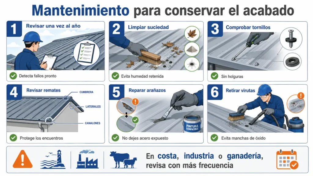 Mantenimiento de una cubierta de panel sándwich teja para conservar el acabado