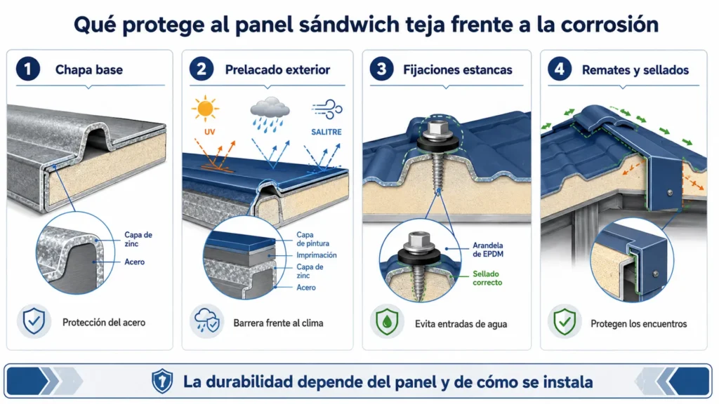 Elementos que protegen al panel sándwich teja frente a la corrosión