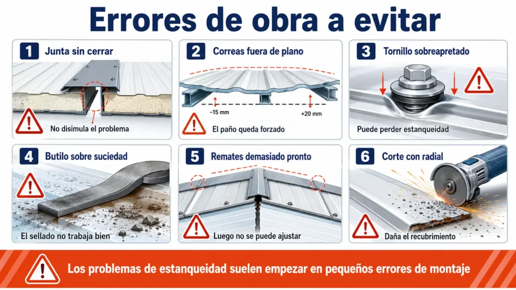 Errores de montaje que pueden afectar a la estanqueidad del panel sándwich tapajuntas.