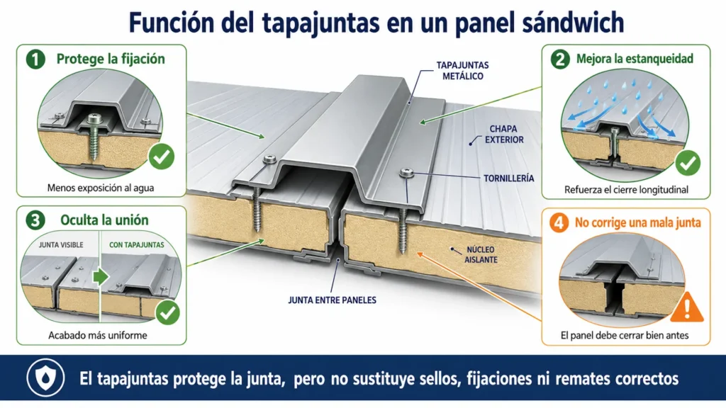 Funciones del tapajuntas en la junta de un panel sándwich de cubierta