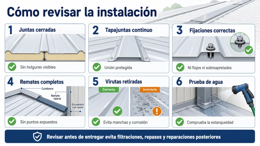 Checklist para revisar una instalación de panel sándwich con tapajuntas antes de entregarla.