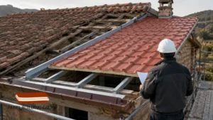 Rehabilitación de cubierta antigua con panel sándwich teja.