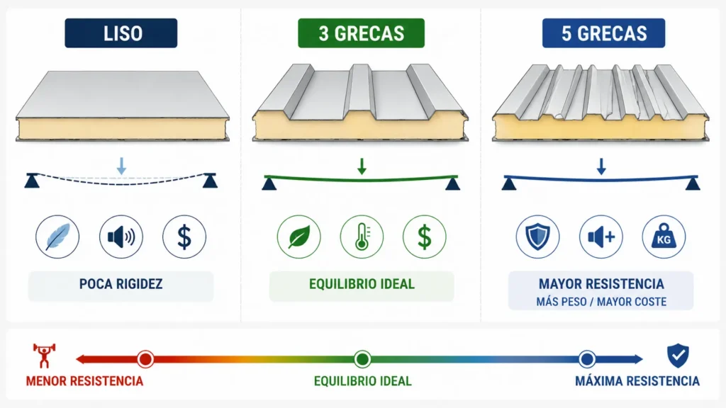 comparativa panel sándwich liso 3 grecas y 5 grecas