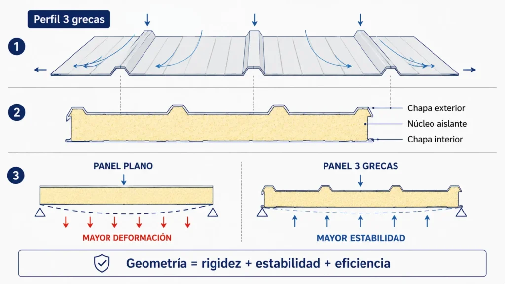 geometría del panel sándwich 3 grecas y comportamiento estructural