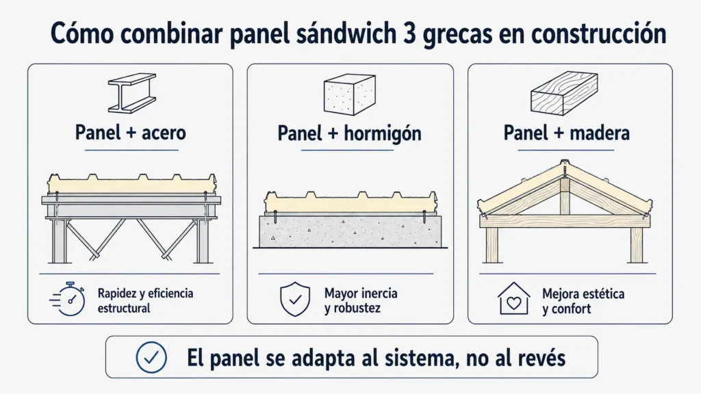 cómo combinar panel sándwich 3 grecas con acero, hormigón y madera
