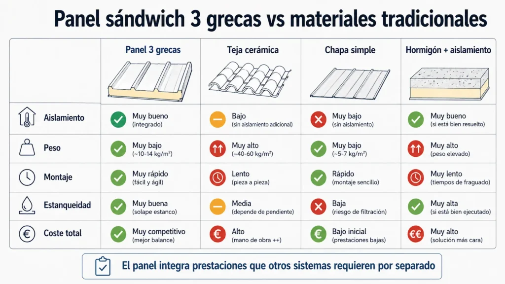 comparativa entre panel sándwich 3 grecas, teja, chapa y hormigón