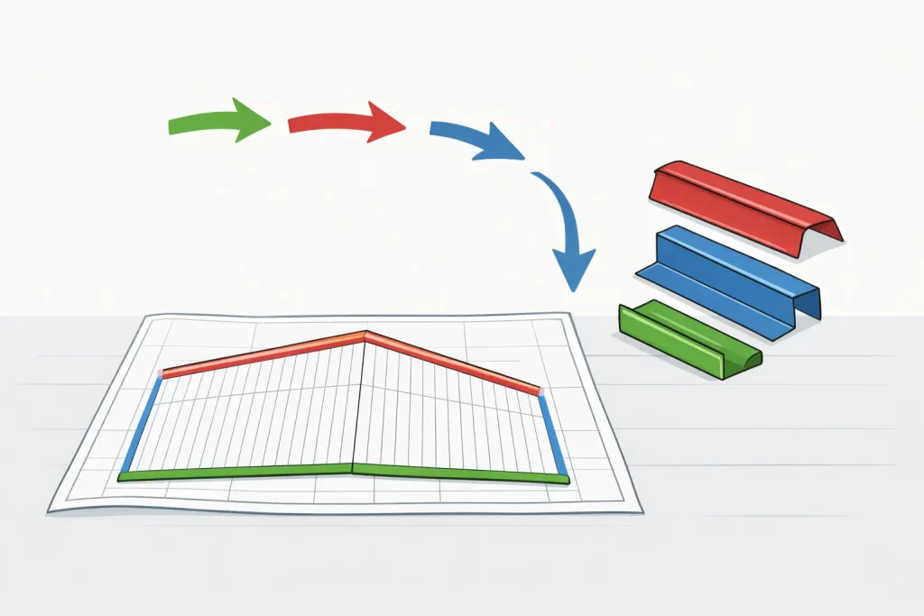 Planificación de canalón, cumbrera y laterales antes del montaje