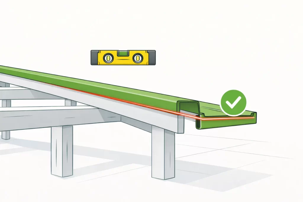 Instalar panel sándwich teja empezando por alero y canalón alineados.