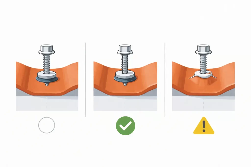 Fijación correcta con tornillo y arandela sin deformar la chapa