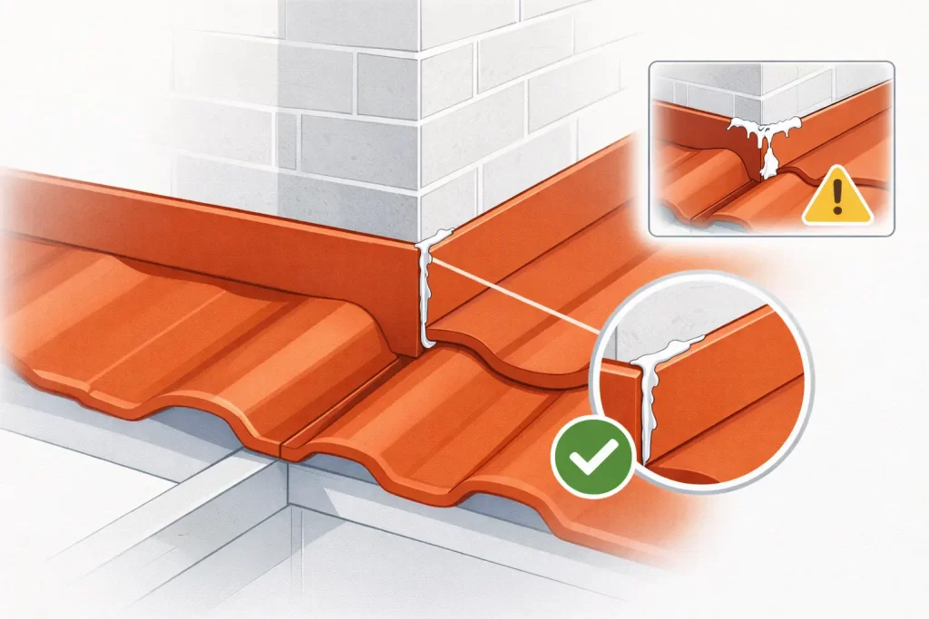 Encuentro con pared resuelto con remate bien apoyado y sellado puntual.