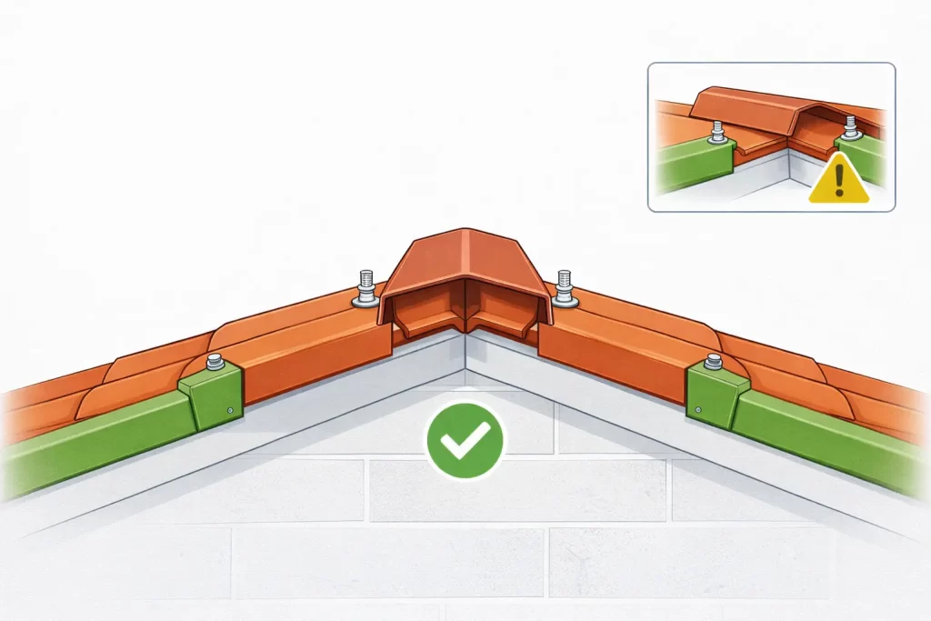 Instalar panel sándwich teja: cumbrera recta y laterales rematados.