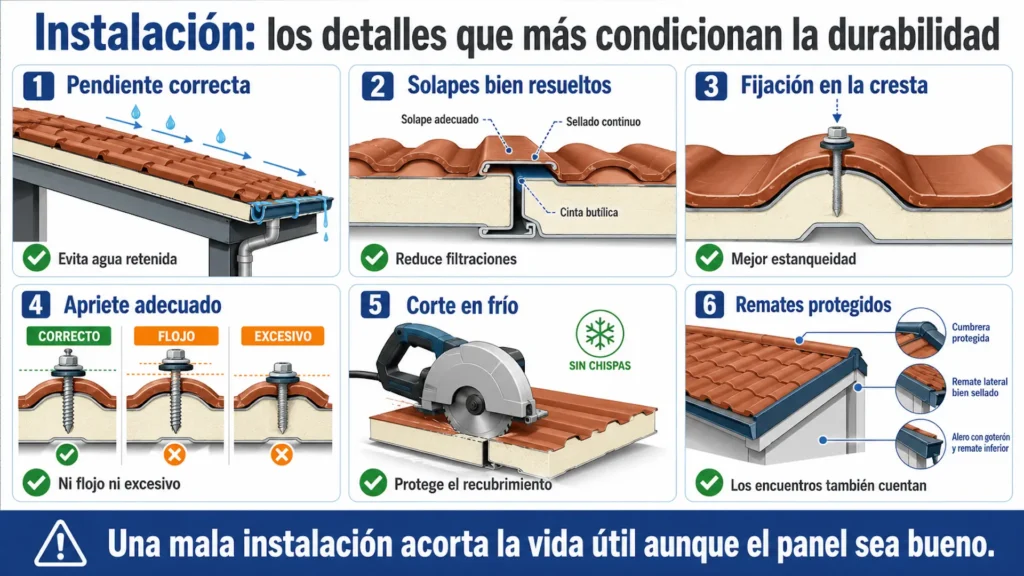 Detalles de instalación que influyen en la durabilidad del panel sándwich teja