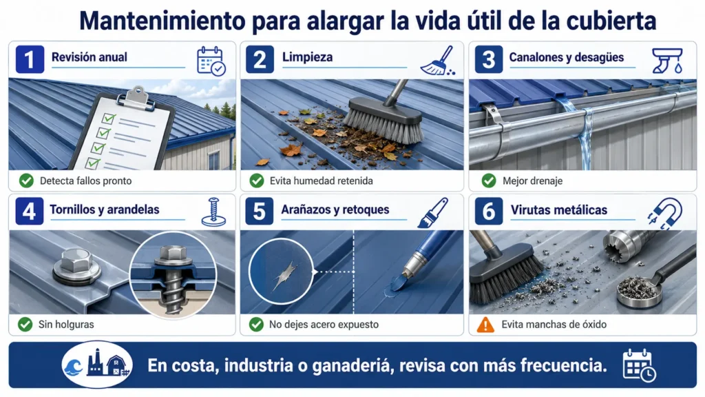 Mantenimiento para alargar la vida útil de una cubierta de panel sándwich teja.