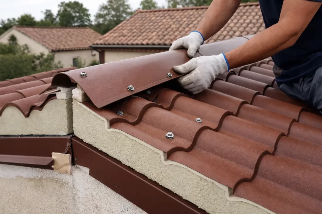 accesorios del panel sándwich teja en la instalación de cumbrera