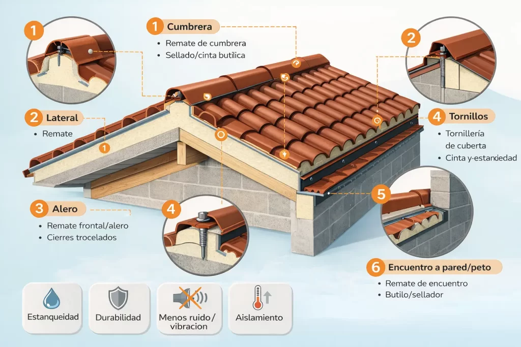 infografía de puntos críticos y remates en panel sándwich teja