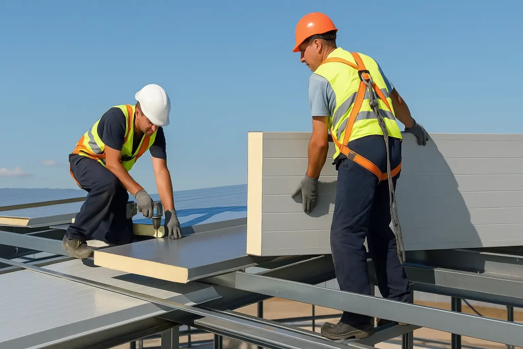 Instalación de paneles sándwich de distintos espesores en cubierta industrial