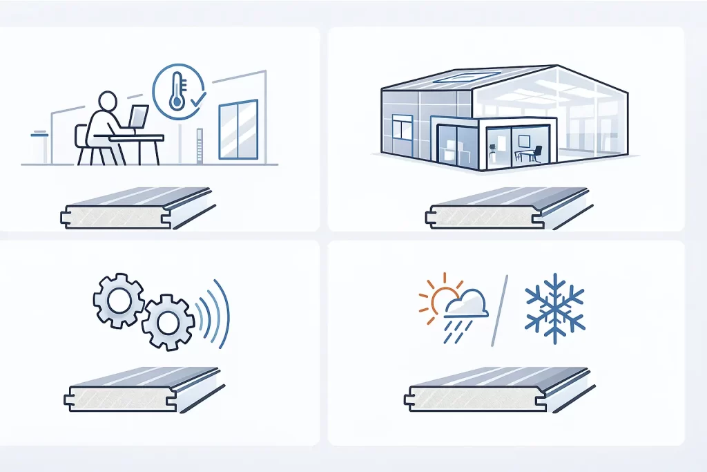 Infografía técnica que explica cuándo conviene elegir panel sandwich para fachada con mayor grosor en industria: salas interiores, oficinas integradas, maquinaria ruidosa y climas extremos.