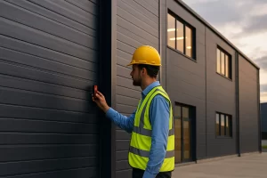 Técnico revisando la fachada de panel sándwich de una nave industrial para comprobar el aislamiento y la instalación