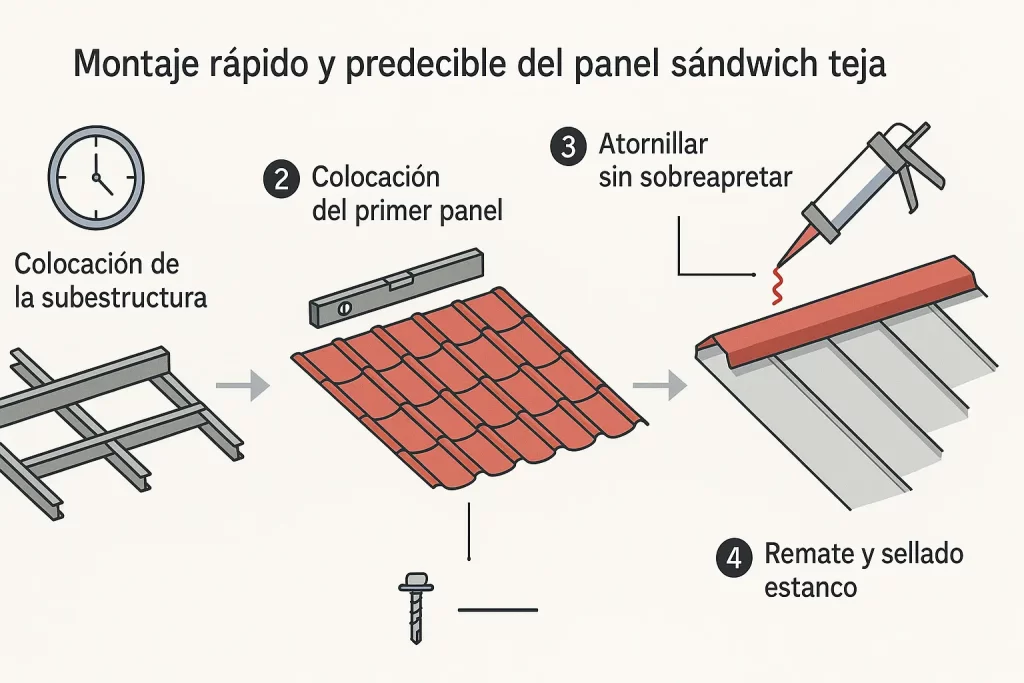 Infografía técnica que muestra las cuatro fases de montaje del panel sándwich teja: subestructura, colocación del panel, atornillado y sellado final.