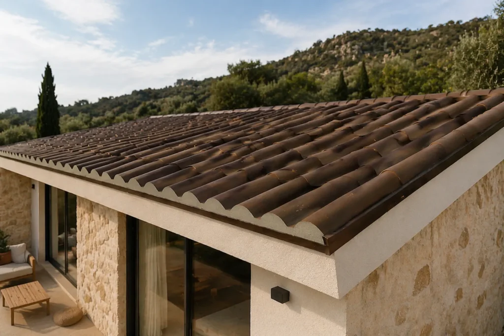 Cubierta residencial con panel sándwich teja albero envejecido, mostrando textura imitación teja y remates metálicos bien instalados