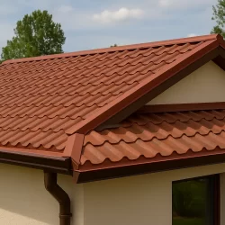 Cubierta residencial con panel sándwich teja rojo, mostrando textura imitación teja y remates metálicos bien instalados
