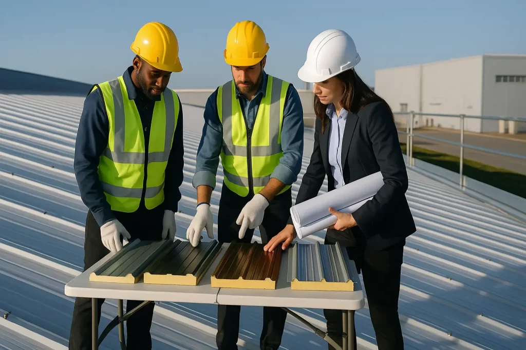 Equipo técnico en la tarea de elegir panel sándwich en cubierta industrial