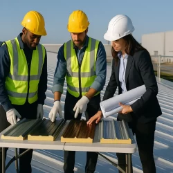 Equipo técnico en la tarea de elegir panel sándwich en cubierta industrial