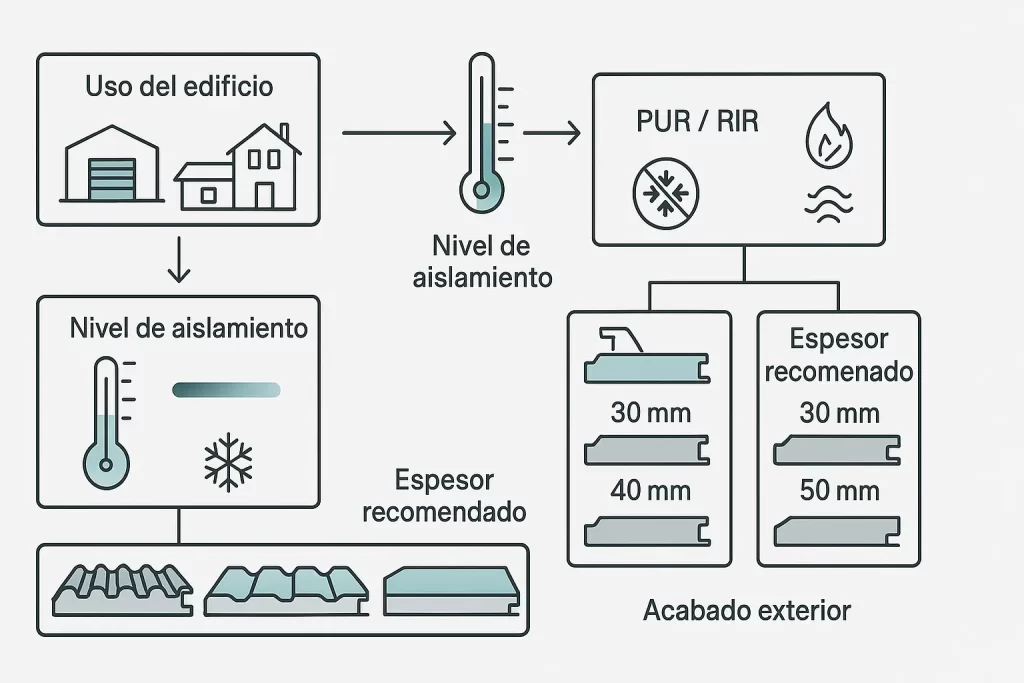 Infografía técnica para seleccionar tipo y espesor de panel sándwich