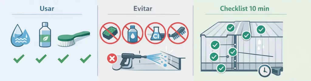 infografía de limpieza segura y checklist rápido para panel sándwich