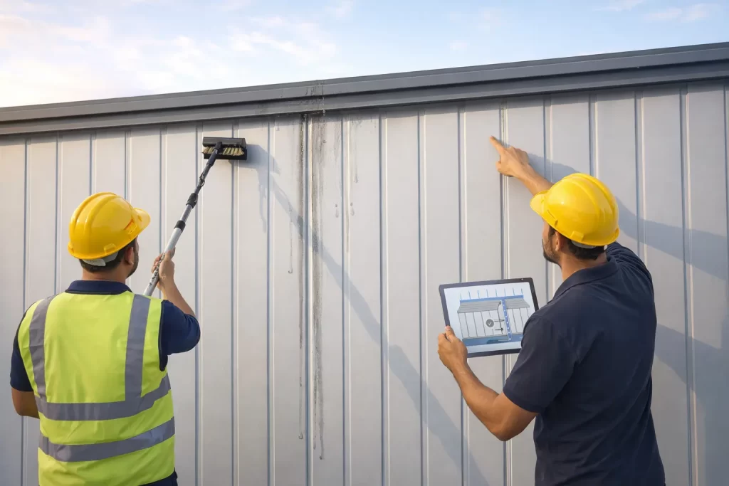 operarios limpiando fachada de panel sándwich y revisando coronación