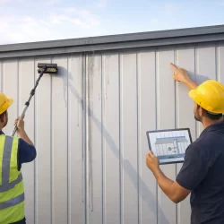 operarios limpiando fachada de panel sándwich y revisando coronación