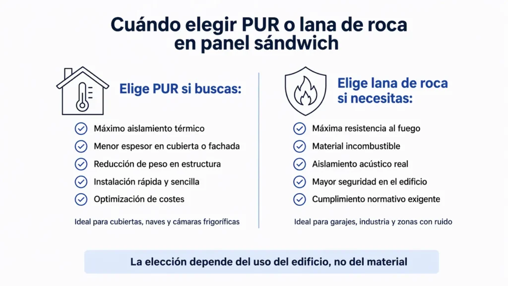 Infografía sobre cuándo elegir PUR o lana de roca en panel sándwich según el uso del edificio