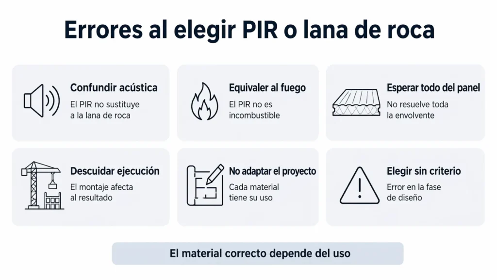 Infografía sobre errores al elegir PIR o lana de roca según el uso del proyecto